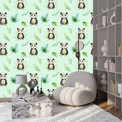 Behang Baby dieren kwekerij geïsoleerde naadloze patroon. Waterverf boho tropische tekening, kind tropische tekening schattige panda en palmboom, tropische groene textuur illustratie