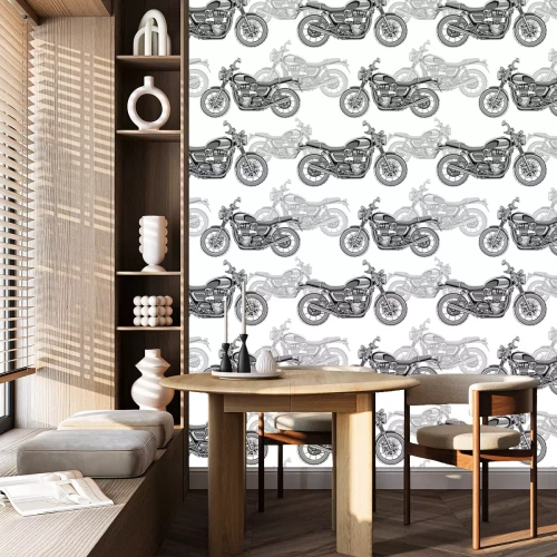 Behang Motor naadloze patroon, vector achtergrond. Monochroom illustratie. Zwart-witte motorfietsen met veel details op een witte achtergrond. Voor wallpaper ontwerp, stof, wrappers