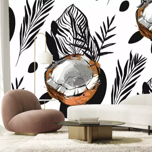 Sticker Hand getekende vector abstracte ongewone naadloze patroon met exotische tropische vruchten kokosnoot mier palmbladeren geÃ¯soleerd op een witte achtergrond.