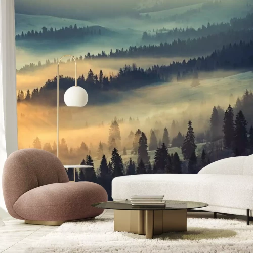 Fotobehang Zwarte bomen in kleurrijke mist