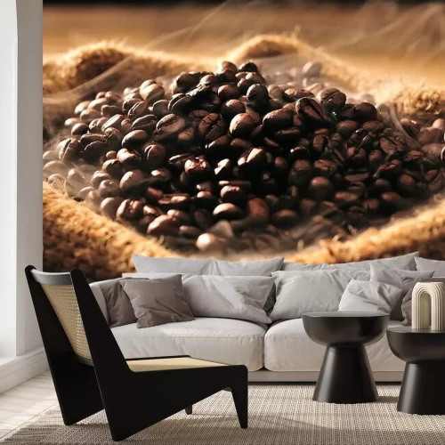 Fotobehang Koffiebonen in een jutezak
