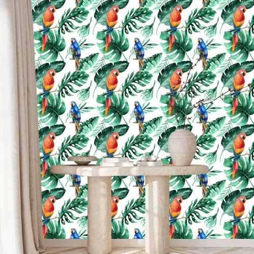 Behang Exotische papegaaien op de bladeren