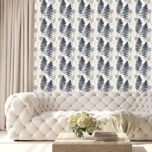 Behang Bloempatroon met varenbladen, paardebloemen en grassen.