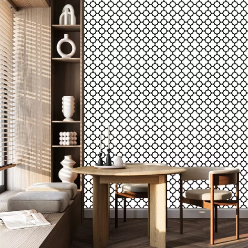 Behang Quatrefoil naadloze patroon achtergrond in zwart-wit. Vintage en retro abstracte sierontwerp. Eenvoudige platte vectorillustratie.