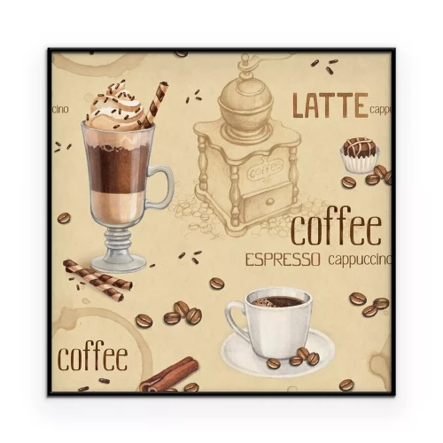 Poster Koffie-illustraties met de namen van de drankjes en barista-accessoires.
