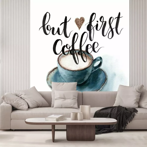 Sticker Waterverf Maar eerst koffie kaart. Handgeschilderde kopje koffie met letters op een witte achtergrond. Voor ontwerp, stof of print.