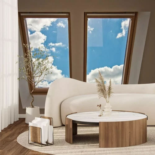 Fotobehang Uitzicht op de heldere lucht vanuit het dakraam