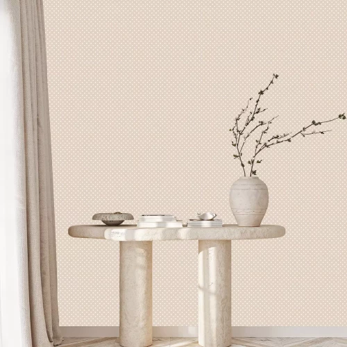 Behang Beige motief met witte kleine stippen