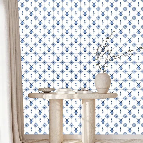Behang Naadloos vector delftware patroon met tulpen en molens