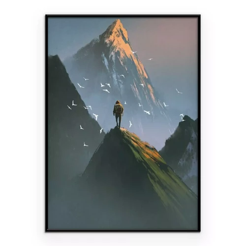 Poster Een reiziger bovenop een berg