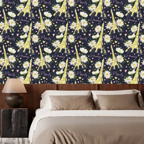 Behang Parijs. Vintage naadloos patroon met de Eiffeltoren, harten met gouden glitterfolie textuur en kamille bloemen. Retro handgetekende vectorillustratie.