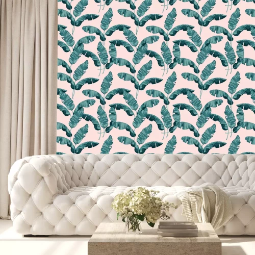 Behang Bananenbladeren op een roze achtergrond