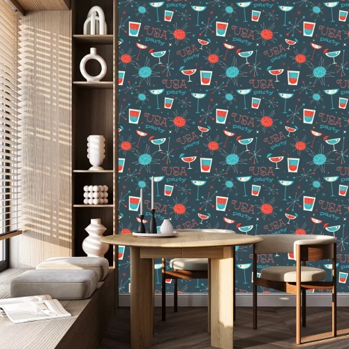Behang Mid Century USA patriottisch patroon. Retro vintage jaren vijftig gestileerde vectorpatroon. Vijfde stijl naadloze patroon die cocktails, drankjes en dranken op het heeft en de VS feest leest.