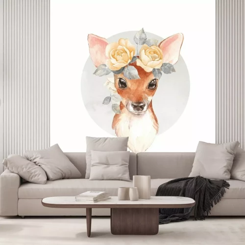 Sticker Fawn in een krans van rozen