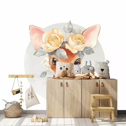Sticker Fawn in een krans van rozen