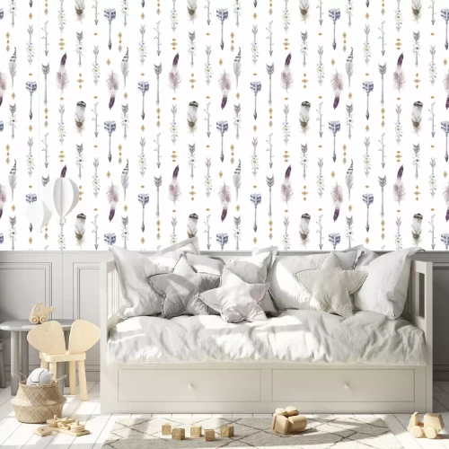 Behang Waterverf boho naadloos patroon met teepee, pijlen en veren. Decoratie inheemse stammenprint.Bohemische Azteek Tomahawk etnische vormgeving. Aquarel kunst behang. Geïsoleerd op wit.