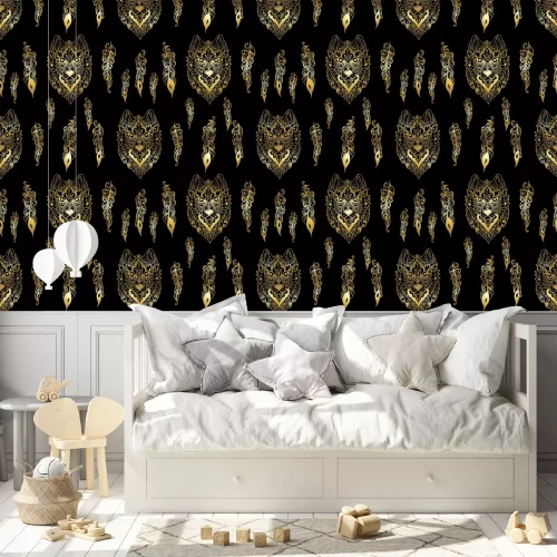 Behang Gouden imitatie wolvenkoppen en veren