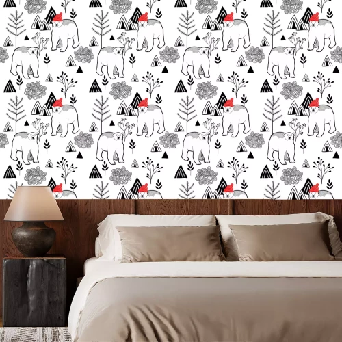 Behang Eindeloos patroon met ijsbeer in rode hitte in de bergen.