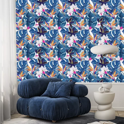 Behang Waterverf naadloos tropisch patroon met exotische planten. Palm en deliciosa bladeren. Orchideeën en vogel van het paradijs bloemen