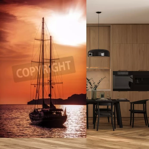 Fotobehang Oud schip varen naar de zonsondergang. Dramatische zeezicht