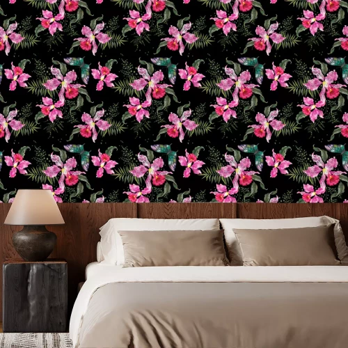 Behang Borduur trend bloemen naadloze patroon met orchideeën en vlinder.