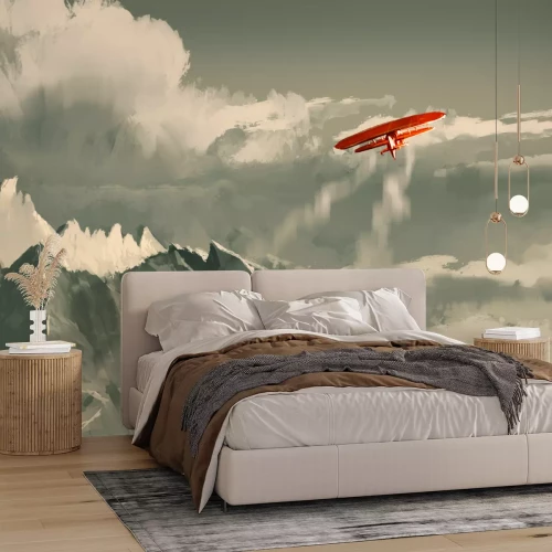 Fotobehang Rood vliegtuig over de bergen