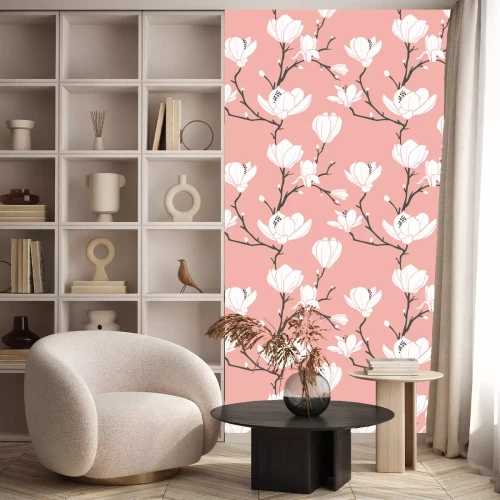 Behang Patroon met roze grafische magnolia