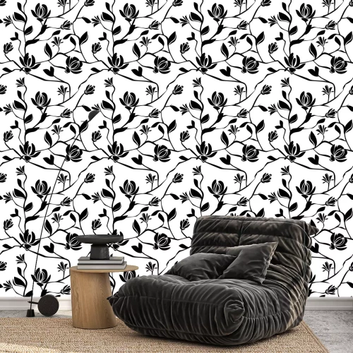 Behang Magnolia bloesem zwart-wit naadloze patroon op witte achtergrond.