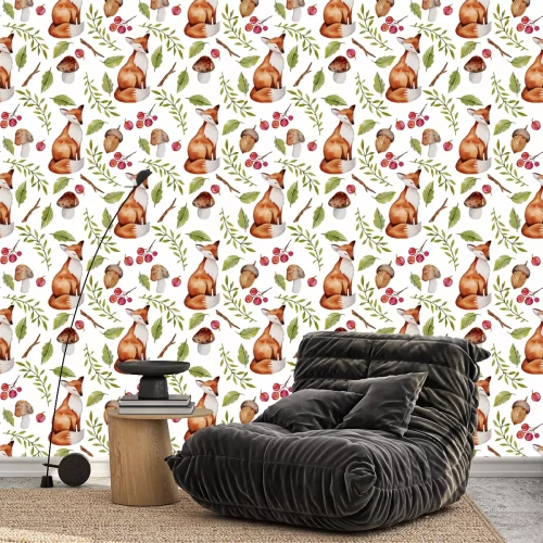Behang Aquarel vossen planten en eikels