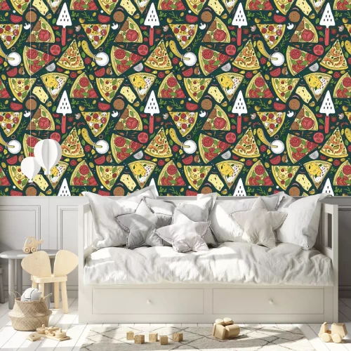 Behang Grafische pizzaplakken en ingrediënten