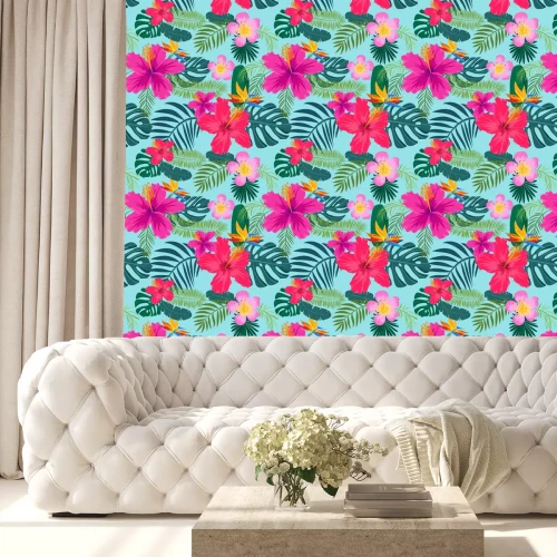 Behang Tropisch naadloos patroon met palmbladeren en bloemen