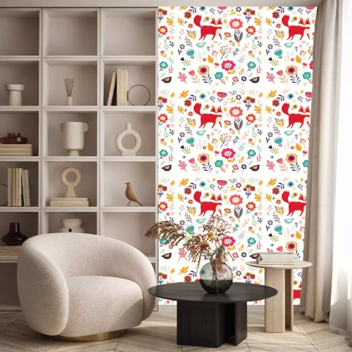 Behang Rode vossen tussen kleurrijke bloemen