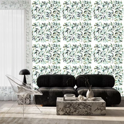 Behang Waterverf floral achtergrond met groene bladeren en takken.