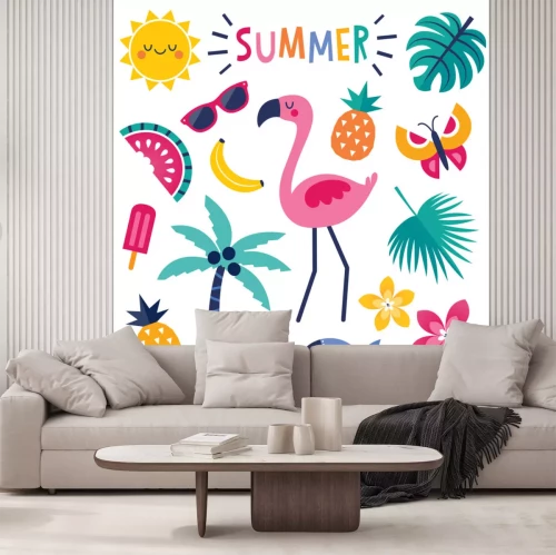 Sticker Set van kleurrijke zomer elementen met roze flamingo geïsoleerd