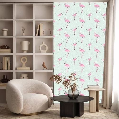 Behang Flamingo's op een gedessineerde groene achtergrond