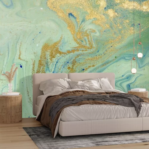 Fotobehang Groen marmer met gele deeltjes