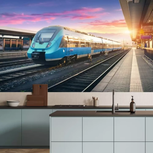 Fotobehang Snelle blauwe trein op het station