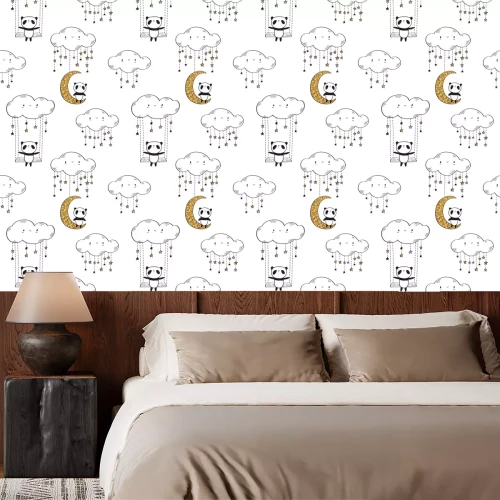Behang Panda wolken en sterren