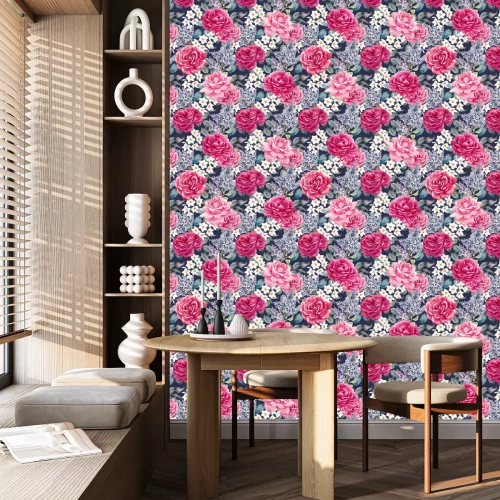 Behang Engelse rozen vergezeld van andere bloemen