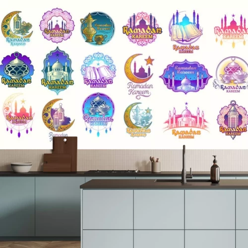 Sticker Stel vector kleurenillustraties, badges, emblemen voor Ramadan Kareem. Grote kleur set van ontwerpelementen voor Ramadan groet