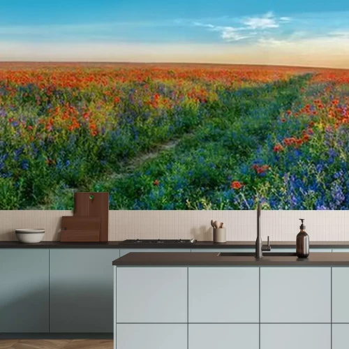 Fotobehang Een groen pad in een veld met klaprozen