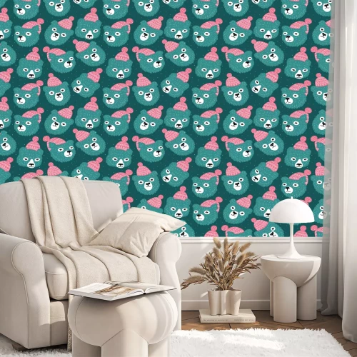 Behang Vector naadloos patroon met berenhoofden. Winter blauwe achtergrond.