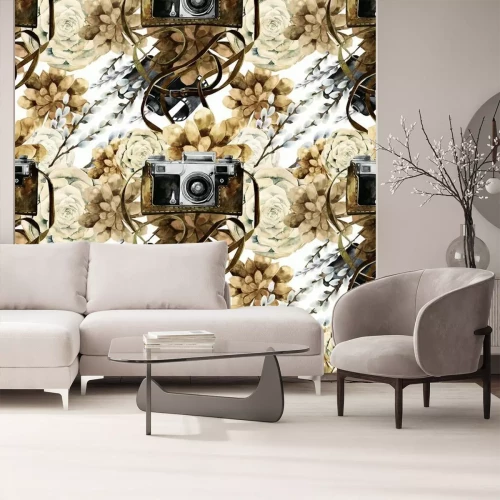 Sticker Waterverfpatroon met vintage camera en succulenten