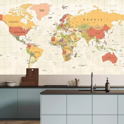 Fotobehang Vintage wereldkaart op cartografisch raster