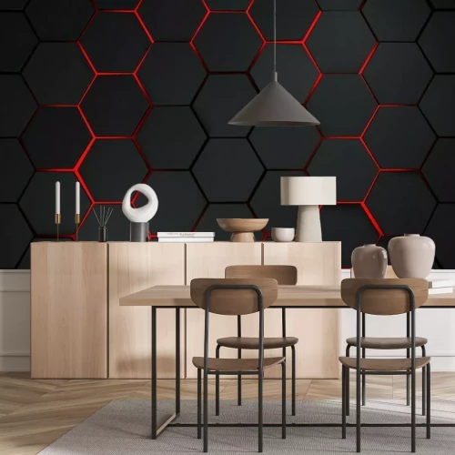 Fotobehang Zwarte hexagonen met 3D-effect op een rode achtergrond