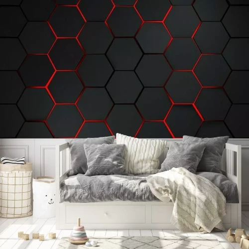 Fotobehang Zwarte hexagonen met 3D-effect op een rode achtergrond