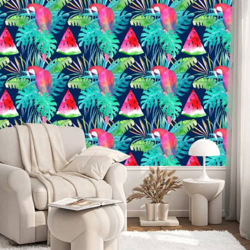 Behang Zomerpatroon met waterverf papegaai, palmbladeren en watermeloen. Kleurrijke illustratie