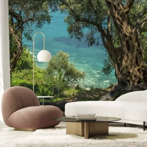 Fotobehang Strand zee en olijfbomen