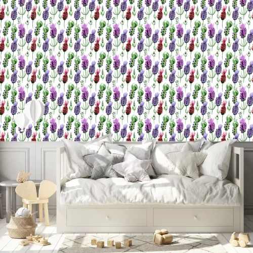 Behang Aquarel lavendelbloemen op witte achtergrond