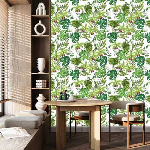 Behang Naadloze vector patroon van exotische vector getekende bloemen en bladeren. Tropische achtergrond.